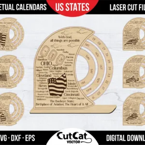 Ohio-centered perpetual calendar design file for laser cutting with accompanying state models.