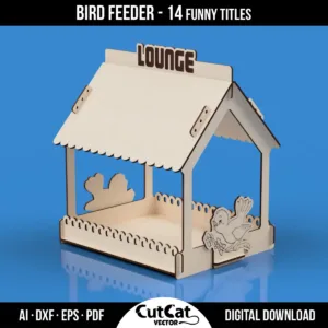 Laser-cut bird feeder with "Lounge" title and engraved bird illustration