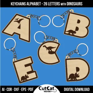 Close-up view of keychains A-E with engraved dinosaurs
