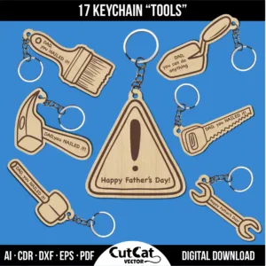 Wrench, hammer, paintbrush, and triangular warning keychain with Father’s Day phrases