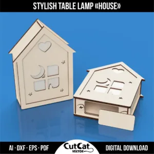 Two wooden night light boxes in the shape of a house, one standing and one opened to show battery compartment