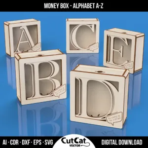 Alphabet money boxes A to E with phrase tag "I'm saving up for a dream"