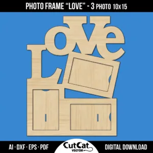 Laser cut LOVE photo frame for three 10x15 photos with heart-themed design, back view showing photo holders
