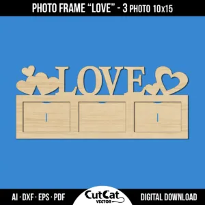 Digital LOVE photo frame template for 3 horizontal 10x15 photos with heart decorations and clean plywood surface