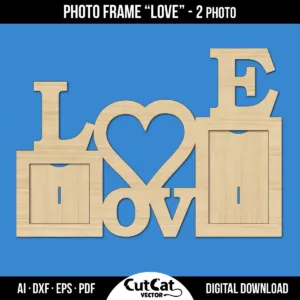 Laser cut LOVE photo frame with heart and two photo slots for 10x15 cm prints, digital template for plywood