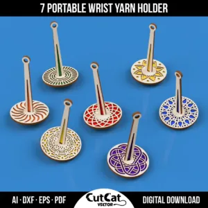 Seven unique wooden wrist yarn holders with mandala and geometric cutout designs