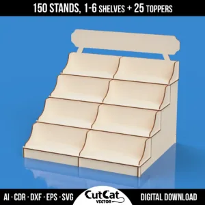 Laser cut wooden display stand with 6 shelves and flat topper