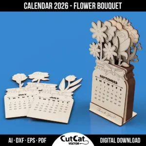 Wooden table calendar in the shape of a flower bouquet, assembled and disassembled, laser cut file template