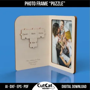 Close-up of photo frame with puzzle standing with engraved names on puzzle pieces