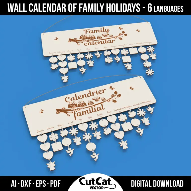 Family Wall Calendar SVG – Laser Cut File with 6 Languages