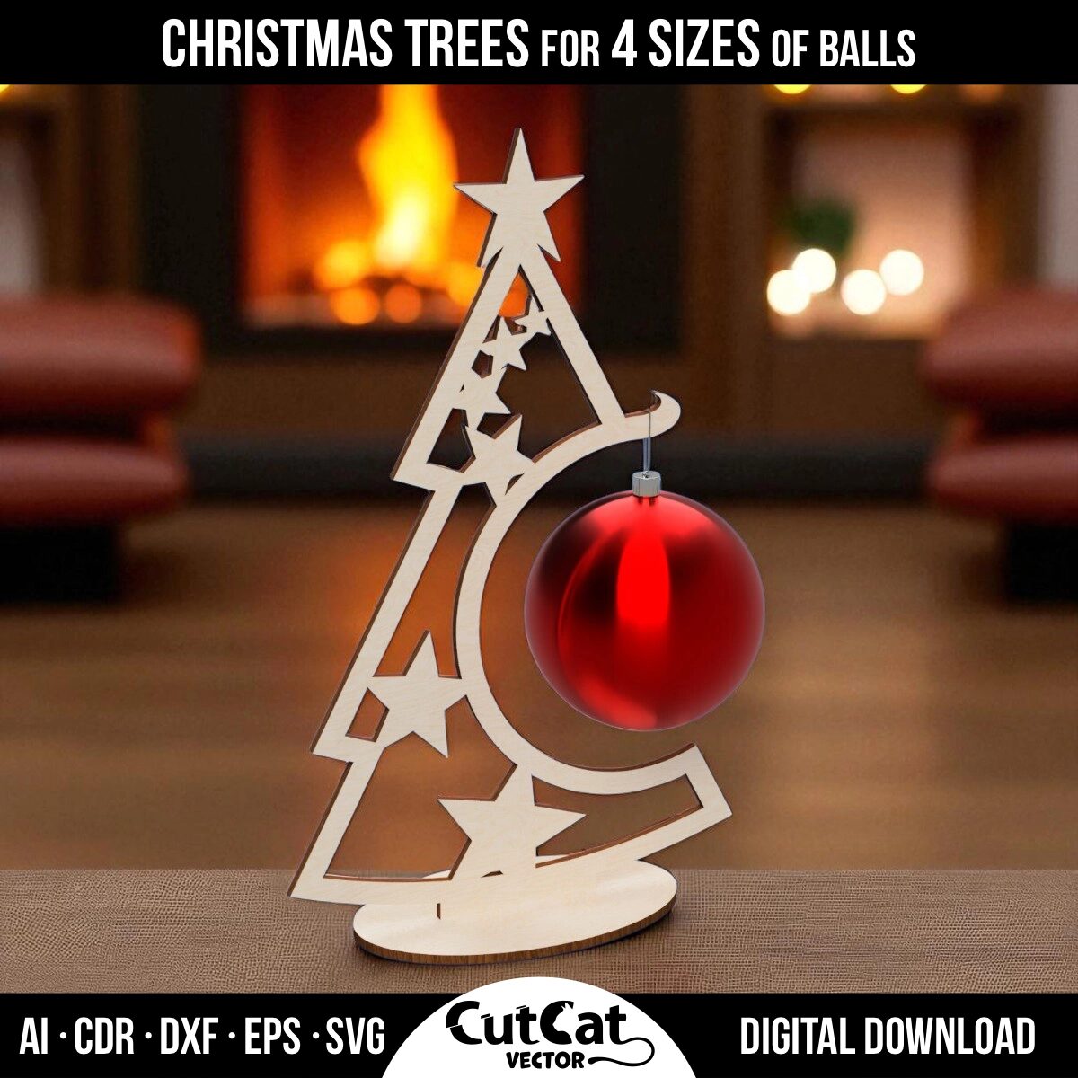 Festive wooden Christmas tree stand with star design, holding a red ornament in a cozy living room. Laser cut digital template for 3-6 mm plywood.