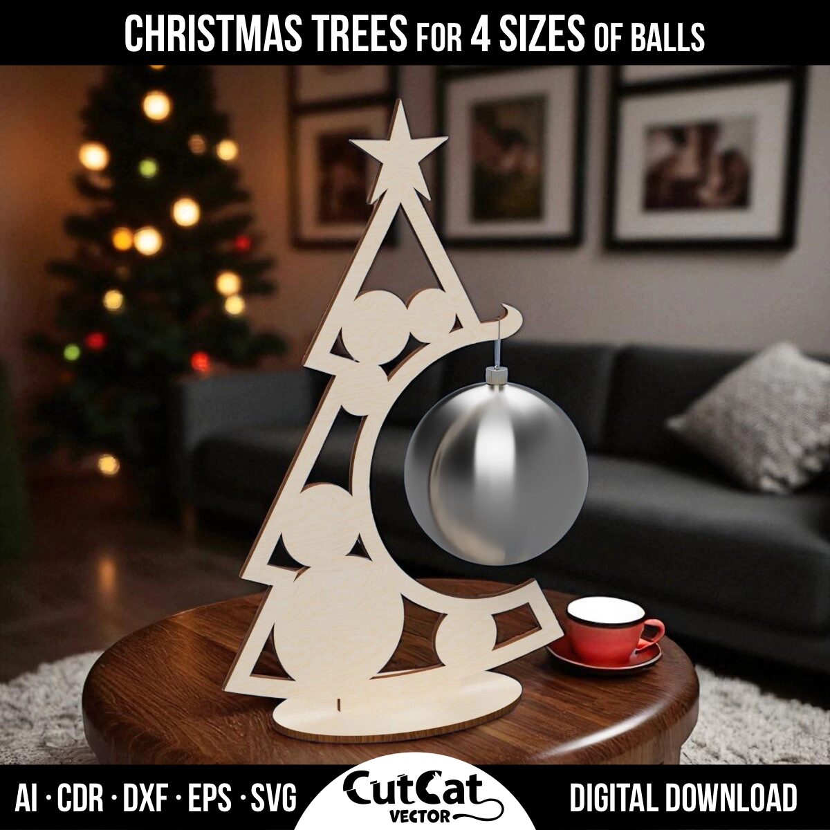Christmas tree ornament holder with circular cutouts and a silver ornament. Shown in a cozy living room with Christmas tree. Digital laser cut template.