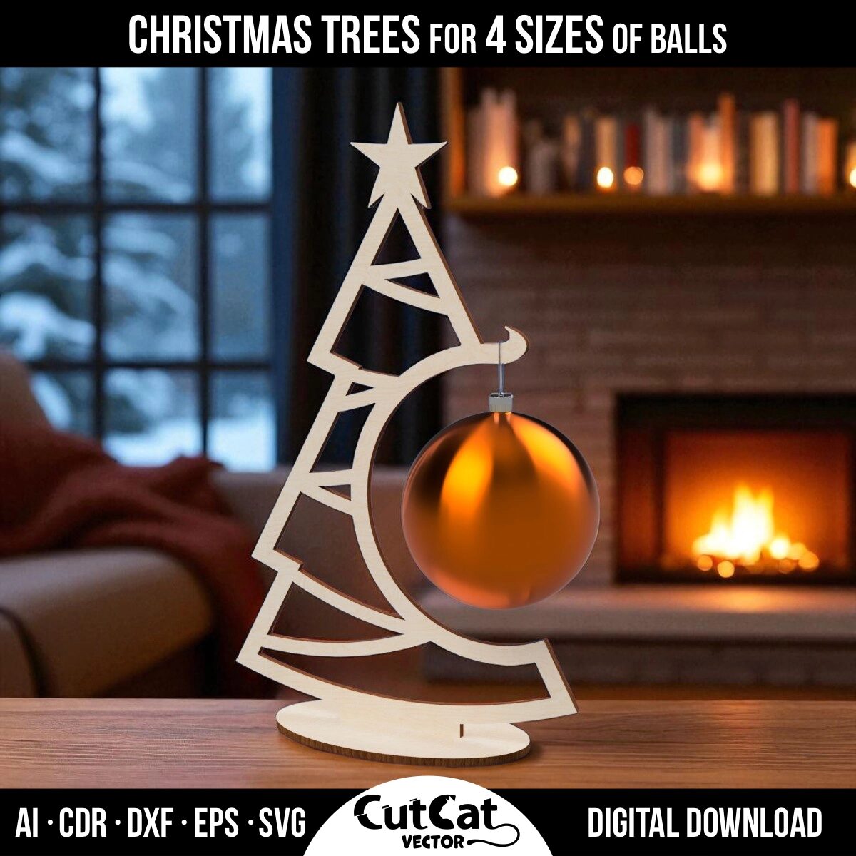 Wooden Christmas tree ornament stand with geometric cutouts, holding an orange ornament ball. Laser cut template for 60-100 mm ornaments.
