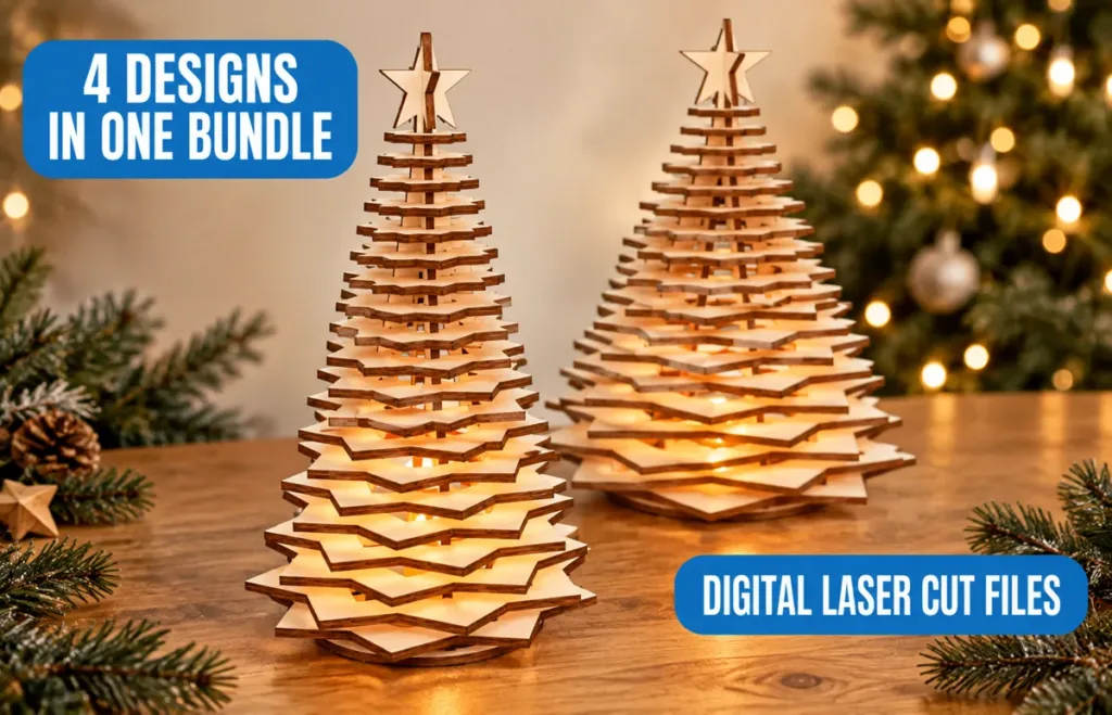 Two layered plywood Christmas tree lanterns glowing with LED tea lights on a wooden table
