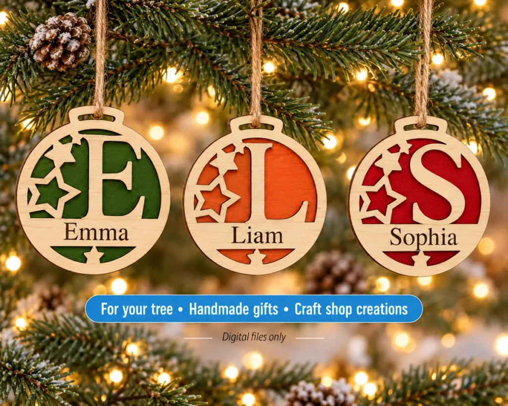 Layered alphabet Christmas ornaments with names Emma, Liam and Sophia hanging on a Christmas tree