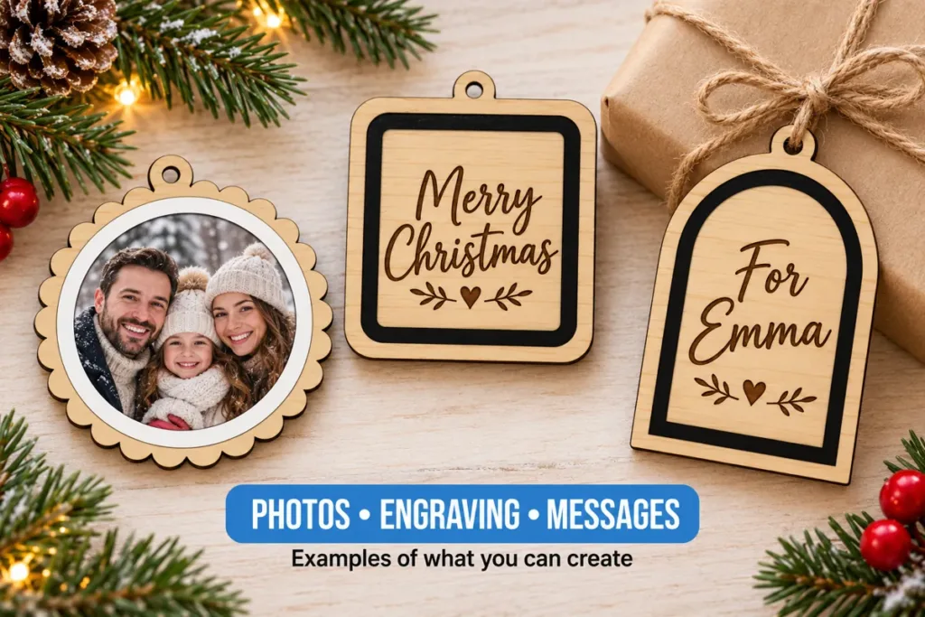 Blank wooden Christmas ornaments with a family photo, Merry Christmas engraving and a name gift tag