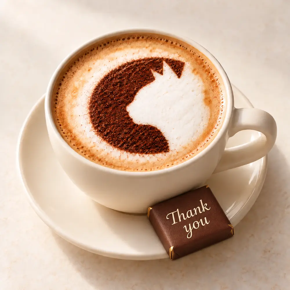 Cappuccino with a cat stencil on the foam and a Thank you chocolate – buy the CutCat a coffee