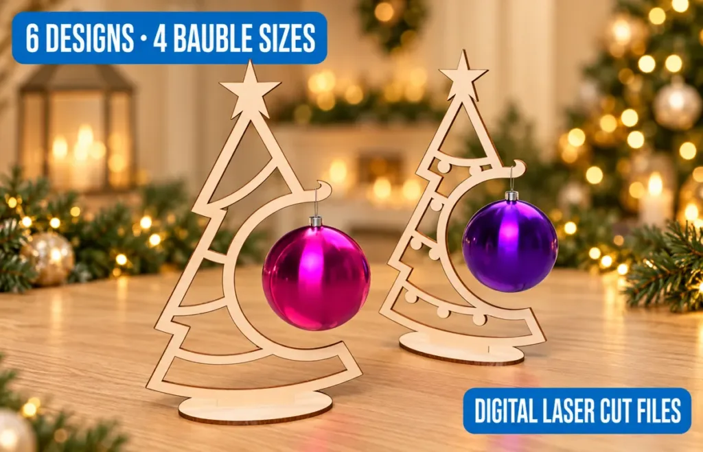Two plywood Christmas tree ornament stands holding pink and purple glass baubles