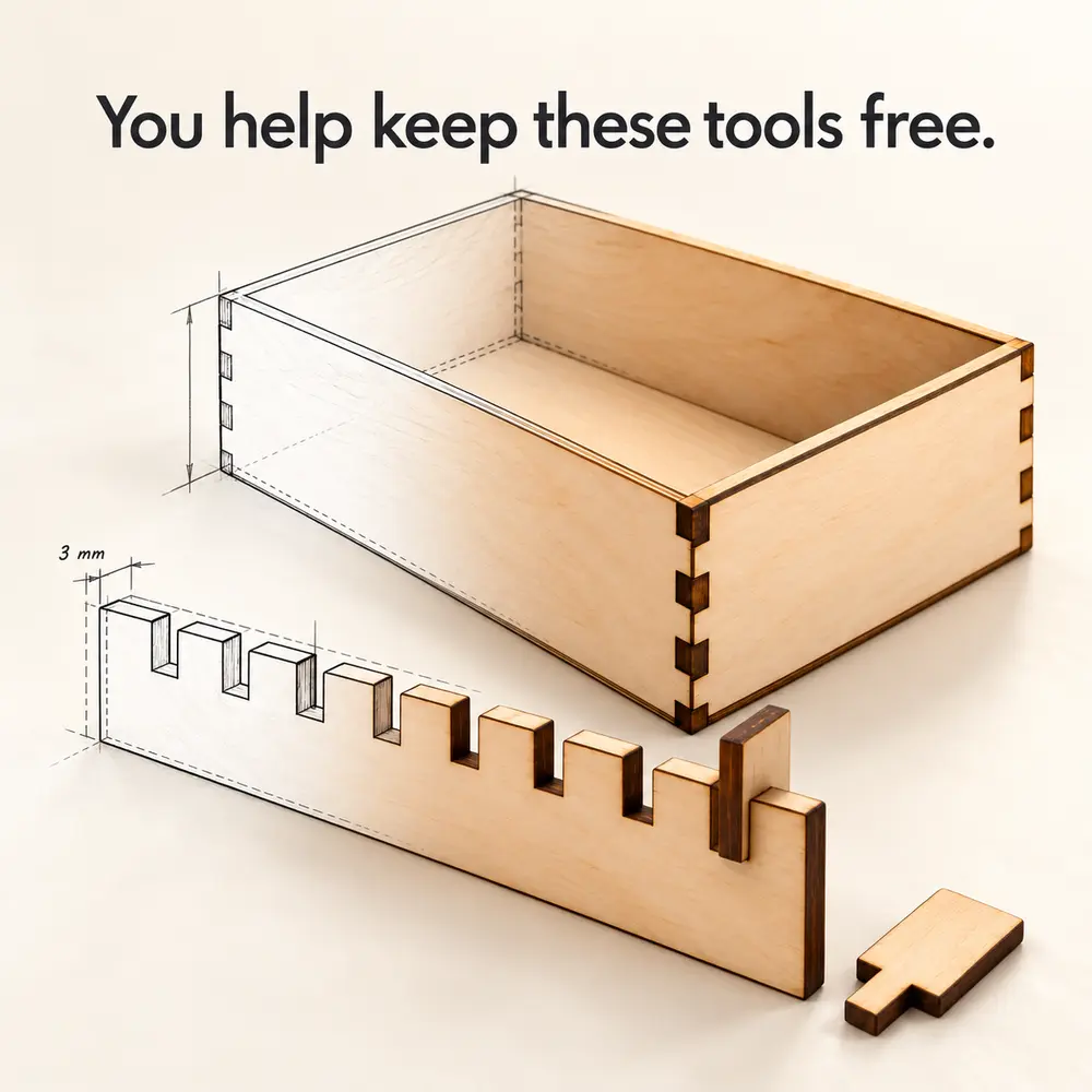 Laser cut finger joint box and kerf test comb in plywood – free CutCatVector tools your support keeps free