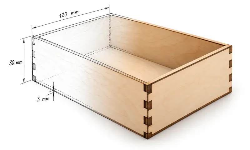 Laser cut finger joint box 120 x 80 mm from 3 mm plywood