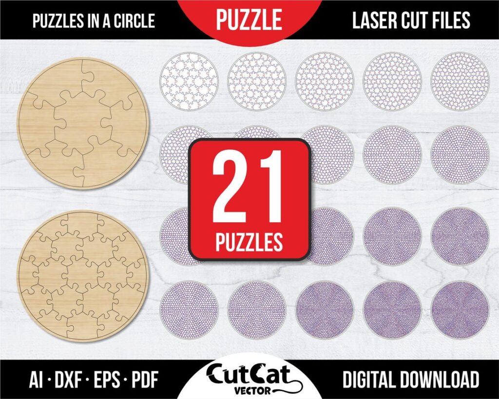 Round Jigsaw Puzzle SVG Bundle – 21 Circle Puzzle Layouts