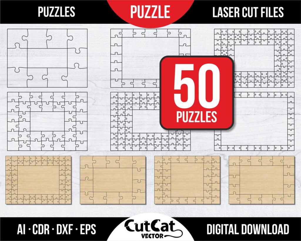 Puzzle Photo Frame SVG Bundle – 50 Jigsaw Templates with Blank Center