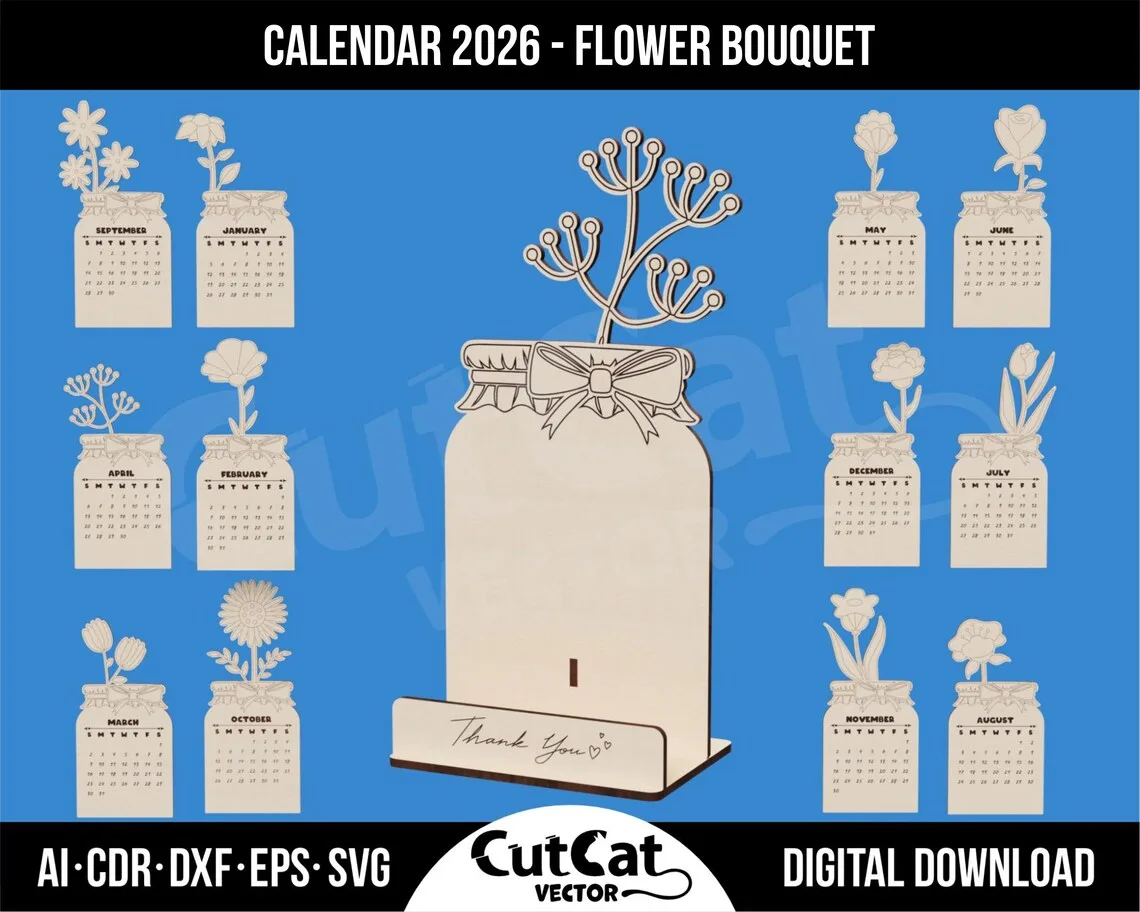 2027 Flower Bouquet Desk Calendar laser cut file – view 2
