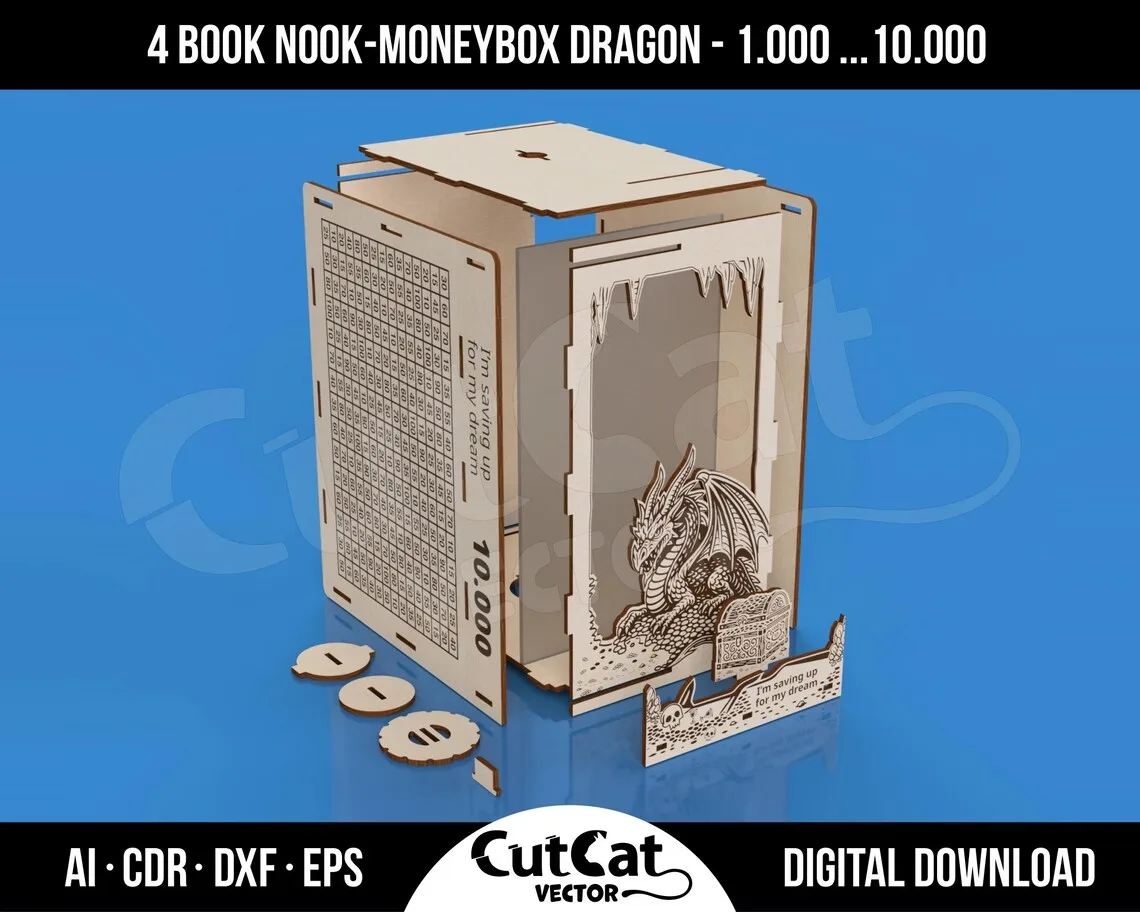 Dragon Book Nook Coin Bank laser cut file – view 4