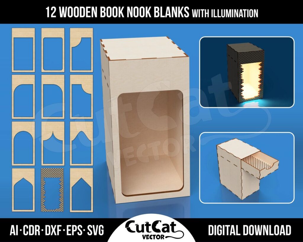 Book Nook SVG – 12 Illuminated Bookshelf Inserts with LED Drawer