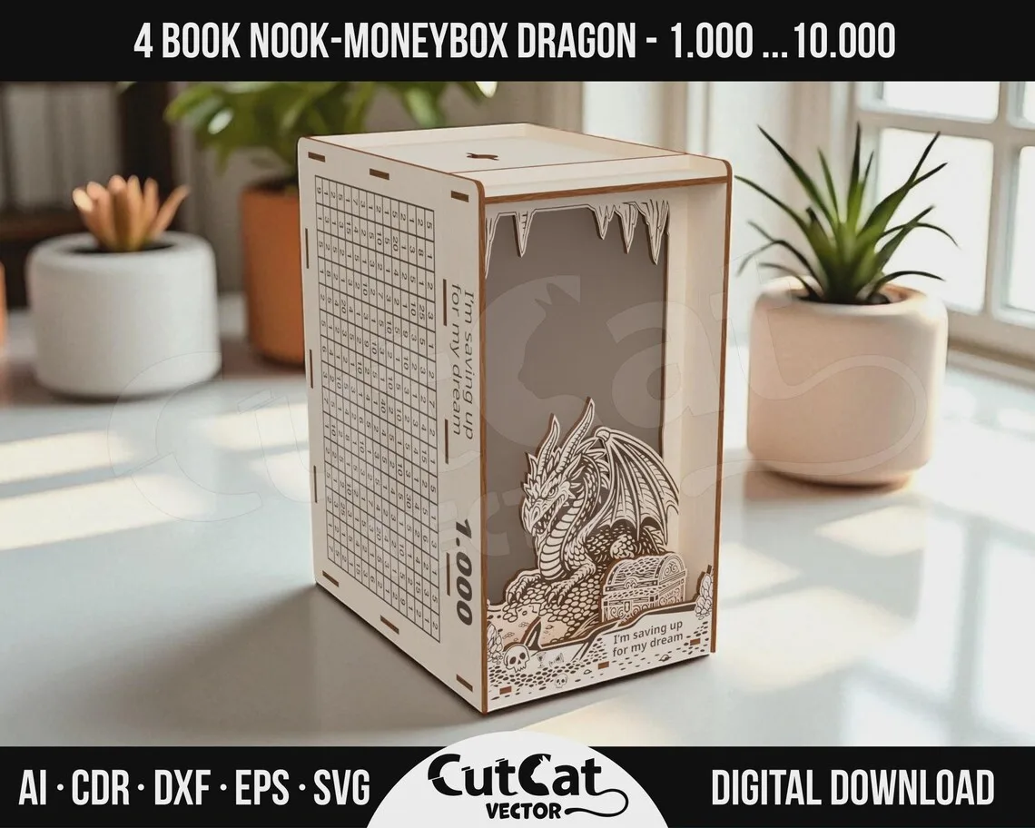 Dragon Book Nook Coin Bank laser cut file – view 3