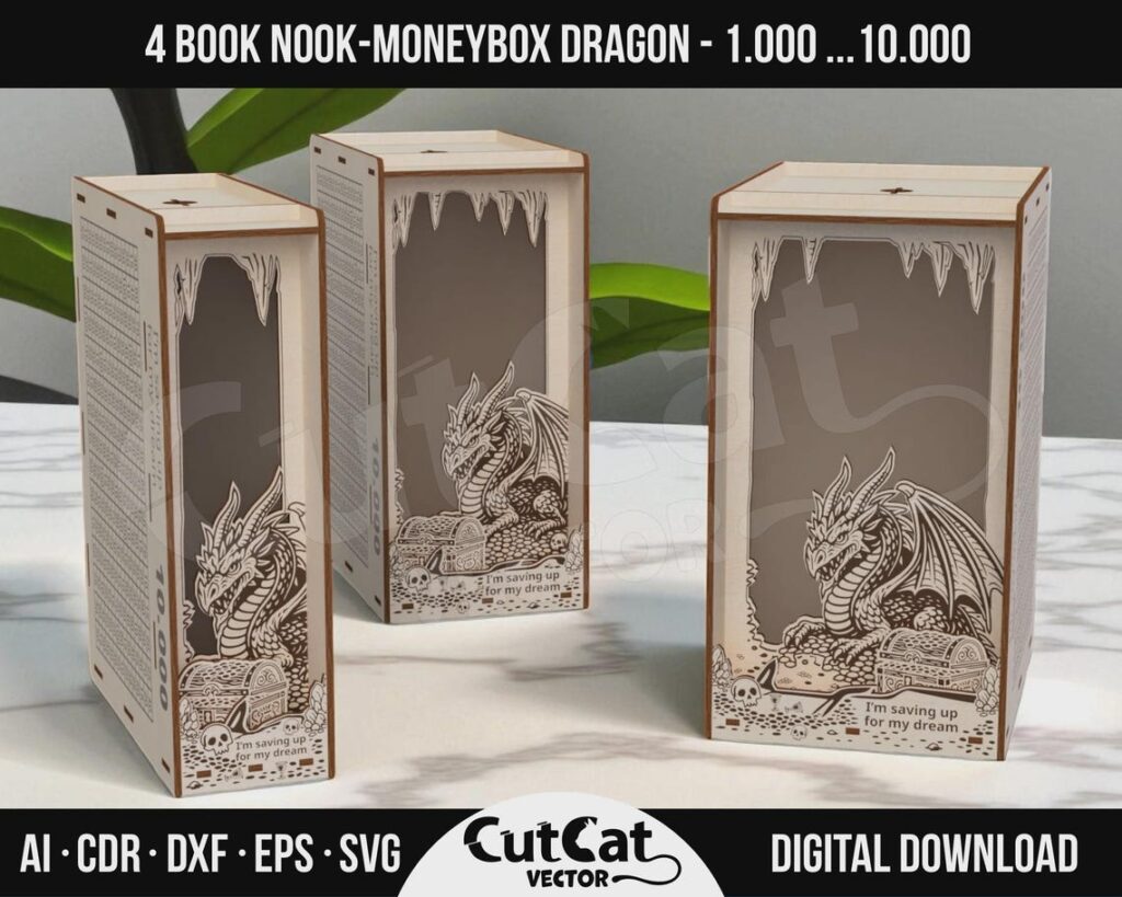 Dragon Book Nook Coin Bank SVG – 4 Widths with Savings Charts