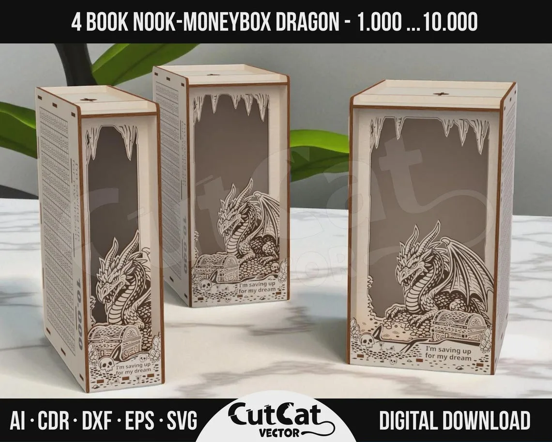 Dragon Book Nook Coin Bank laser cut file