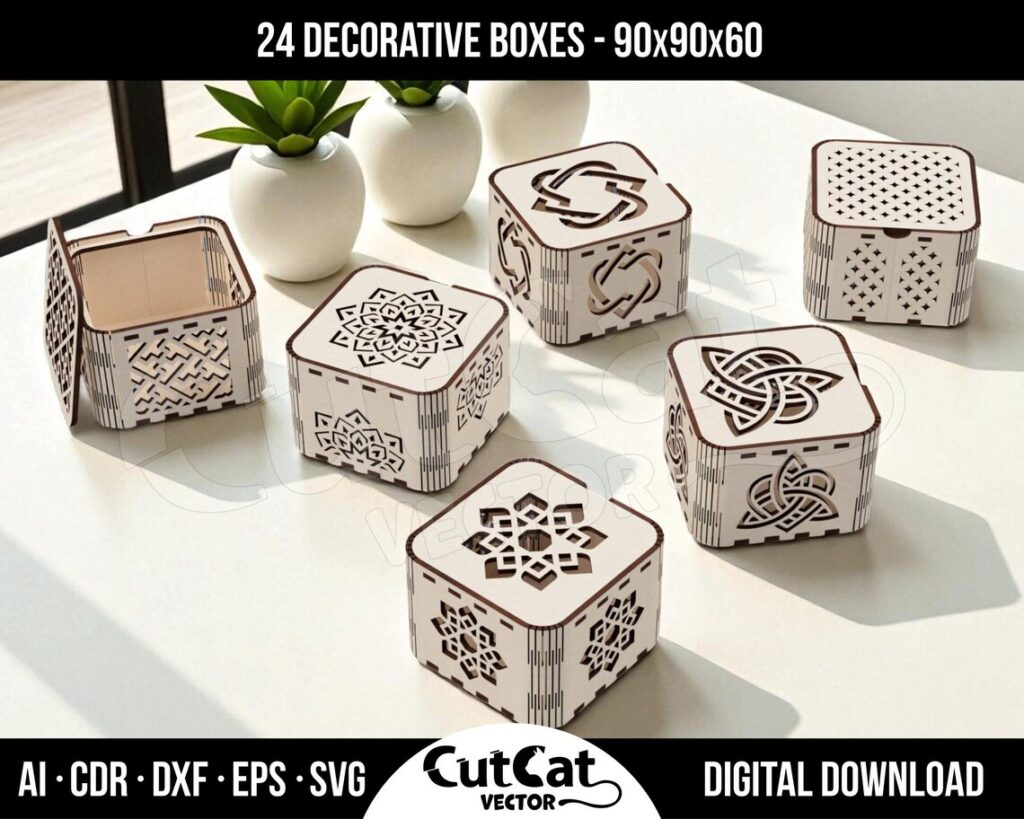 Jewelry Box SVG Set – 24 Engraved Decorative Boxes