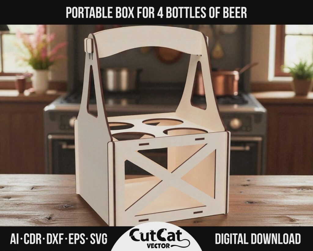 4 Bottle Beer Box SVG – Compact Wooden Beer Caddy with Handle
