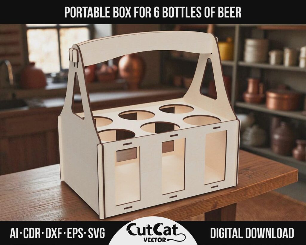 6 Bottle Beer Carrier SVG – Wooden Beer Box with Handle