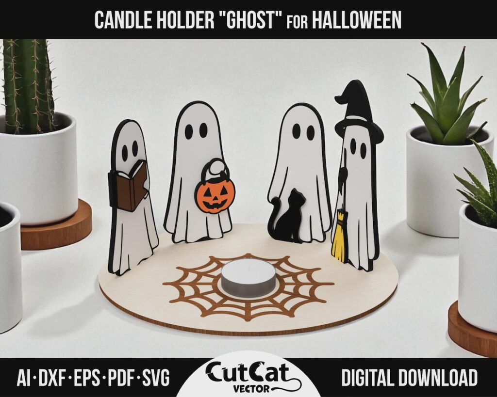 Halloween Ghost Candle Holder SVG – 4 Cute Ghost Characters