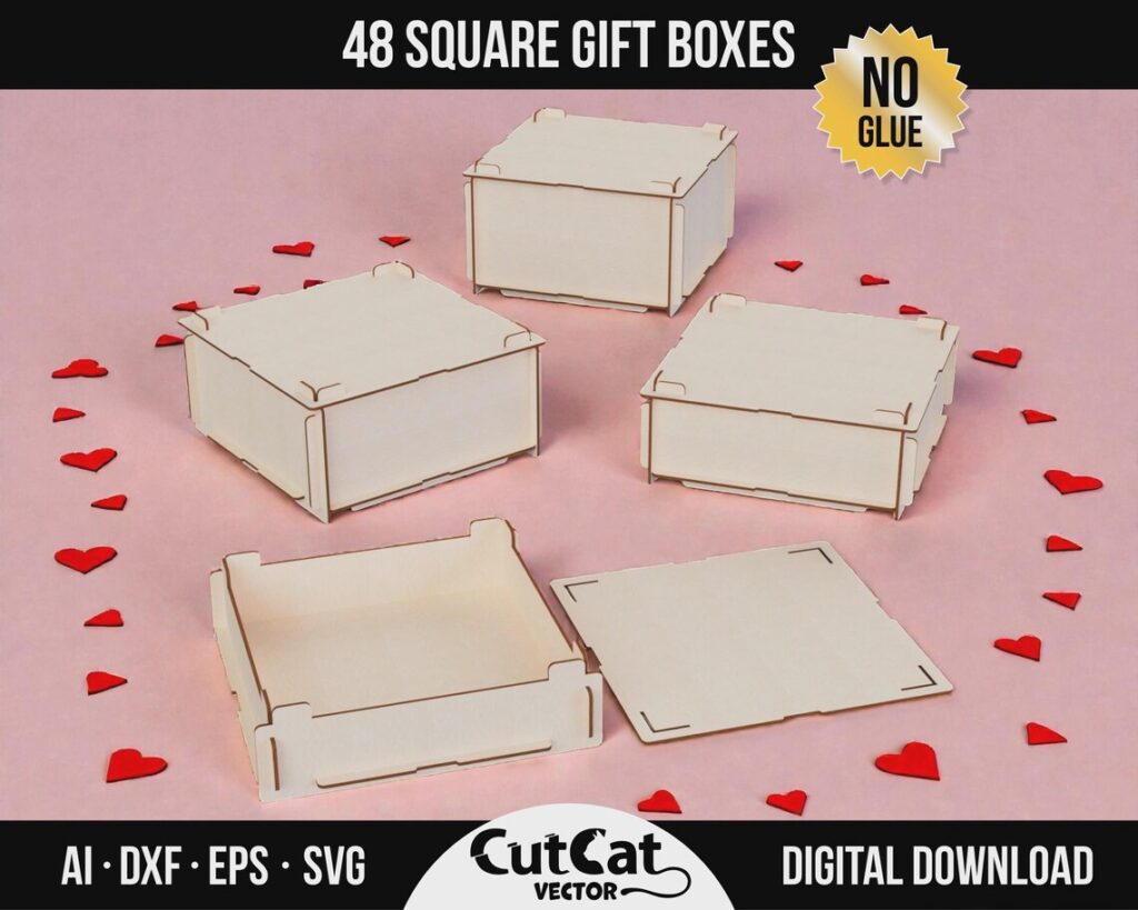 Square Gift Box SVG Bundle – 48 Boxes with Lids from 100 to 375 mm