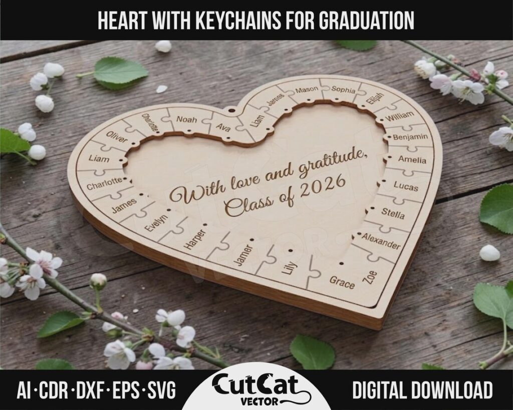 Graduation Heart Puzzle SVG – 20 to 32 Engraved Keychains in a Heart Frame