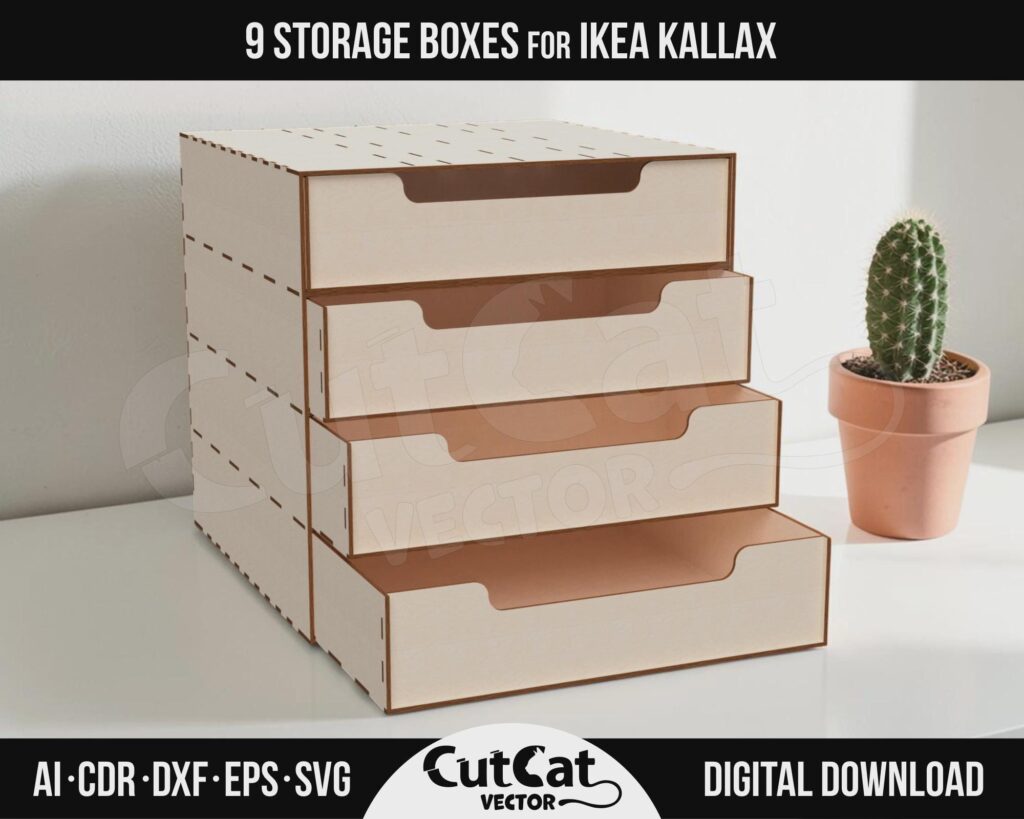 Kallax 4 Drawer Box SVG – Style B – Cube Insert with 9 Divider Options