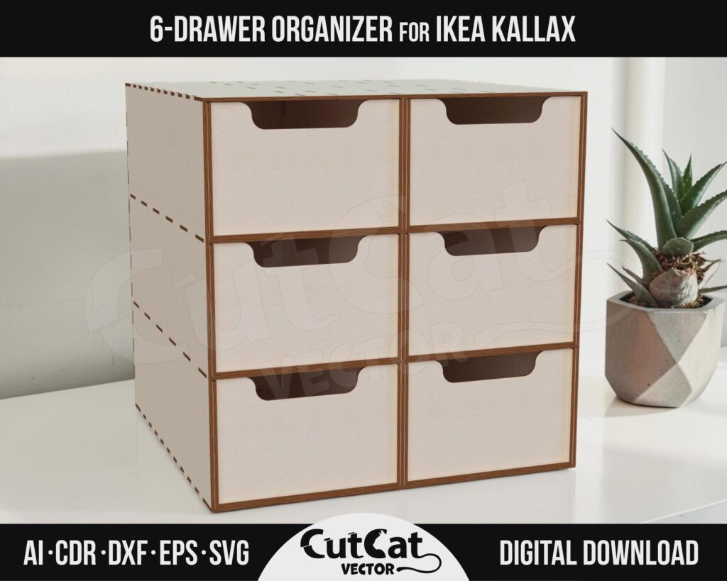 Kallax 6 Drawer Organizer, 9 Divider Layouts SVG – Removable Drawers for One Cube