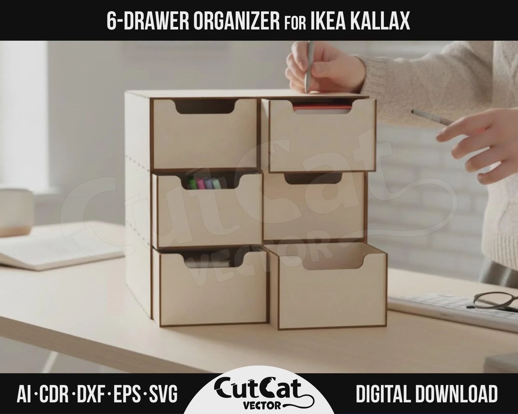 Kallax 6 Drawer Organizer, 9 Divider Layouts laser cut file – view 2