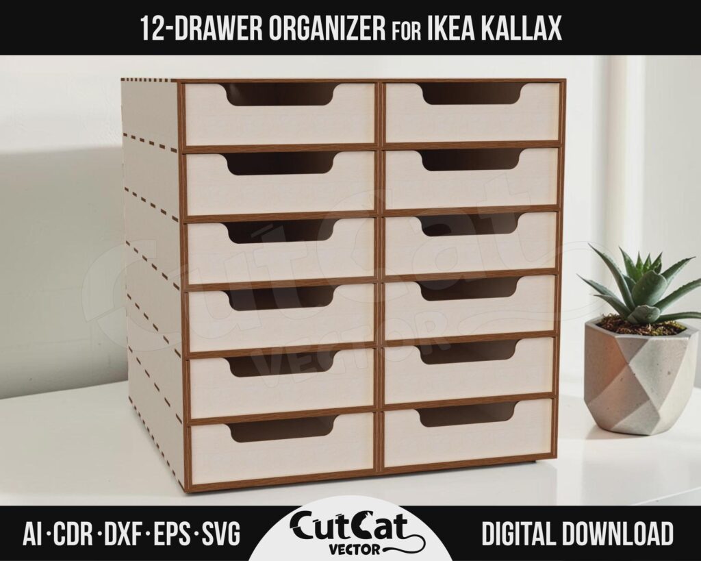 Kallax 12 Drawer Organizer – Style A SVG – Removable Drawers for One Cube