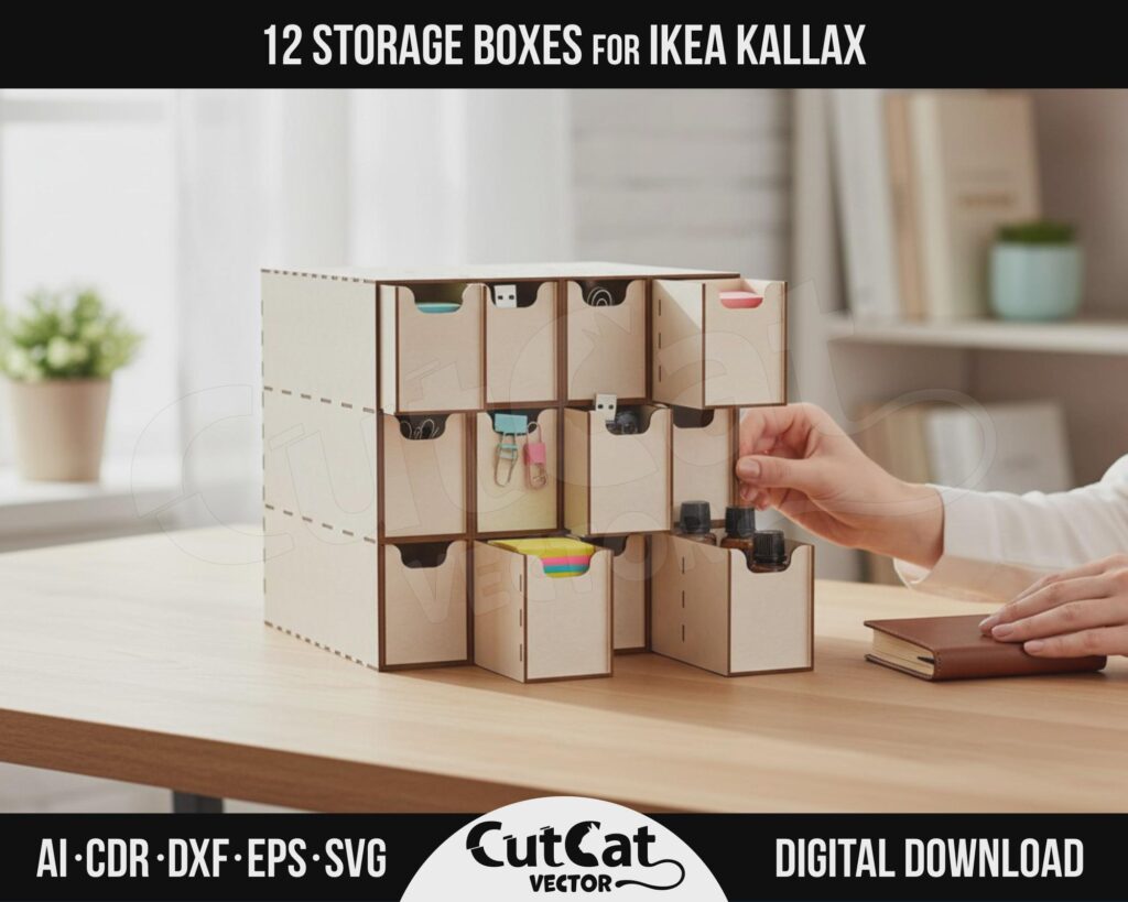 Kallax 12 Drawer Organizer – Style B SVG – Removable Drawers for One Cube