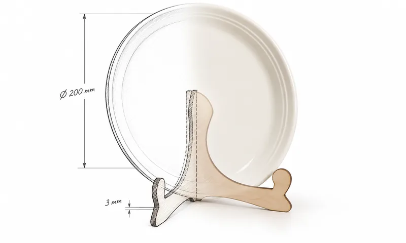 Laser cut plywood corner stand holding a 200 mm plate, drawn as half sketch, half photo