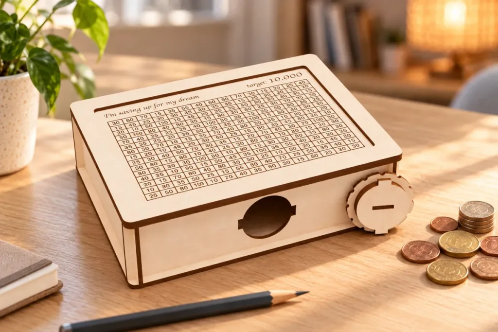 Laser cut plywood coin bank with a 10,000 savings goal lying flat, the round cap taken off the side opening