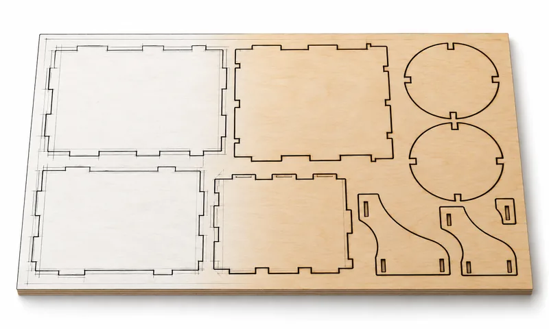 Birch plywood sheet with laser cut box panels, round lids and stands packed close together, half sketch, half photo: nesting parts to save material