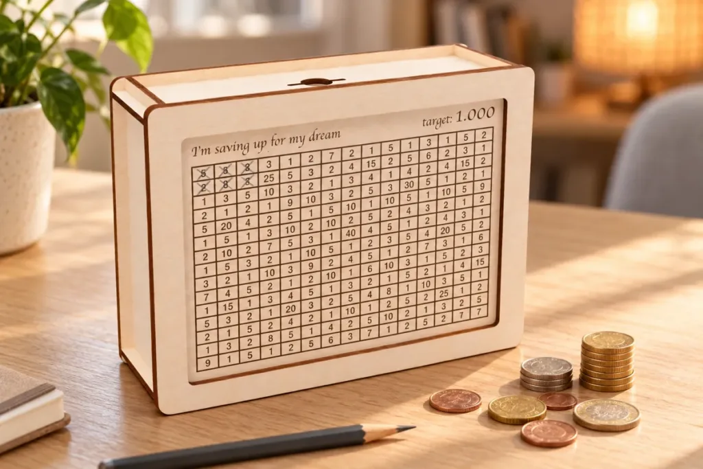 Laser cut plywood coin bank with a 1,000 savings goal grid, the first squares crossed out, coins and a pencil on an oak desk