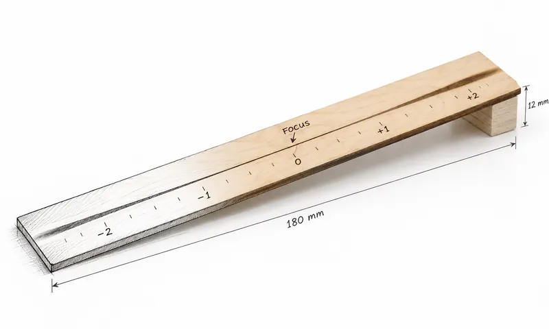Laser focus ramp test: plywood strip propped on a 12 mm block with a line that is thinnest at the focus mark, drawn as half sketch, half photo