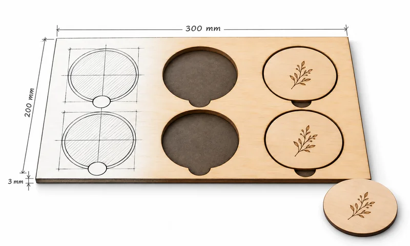 Laser cut 300 x 200 mm plywood jig with round pockets and finger notches holding engraved coasters, drawn as half sketch, half photo