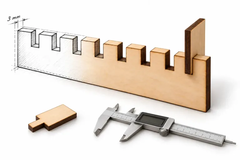 Laser cut plywood kerf test: a comb with notches, a key with a long tooth and digital calipers, half sketch, half photo